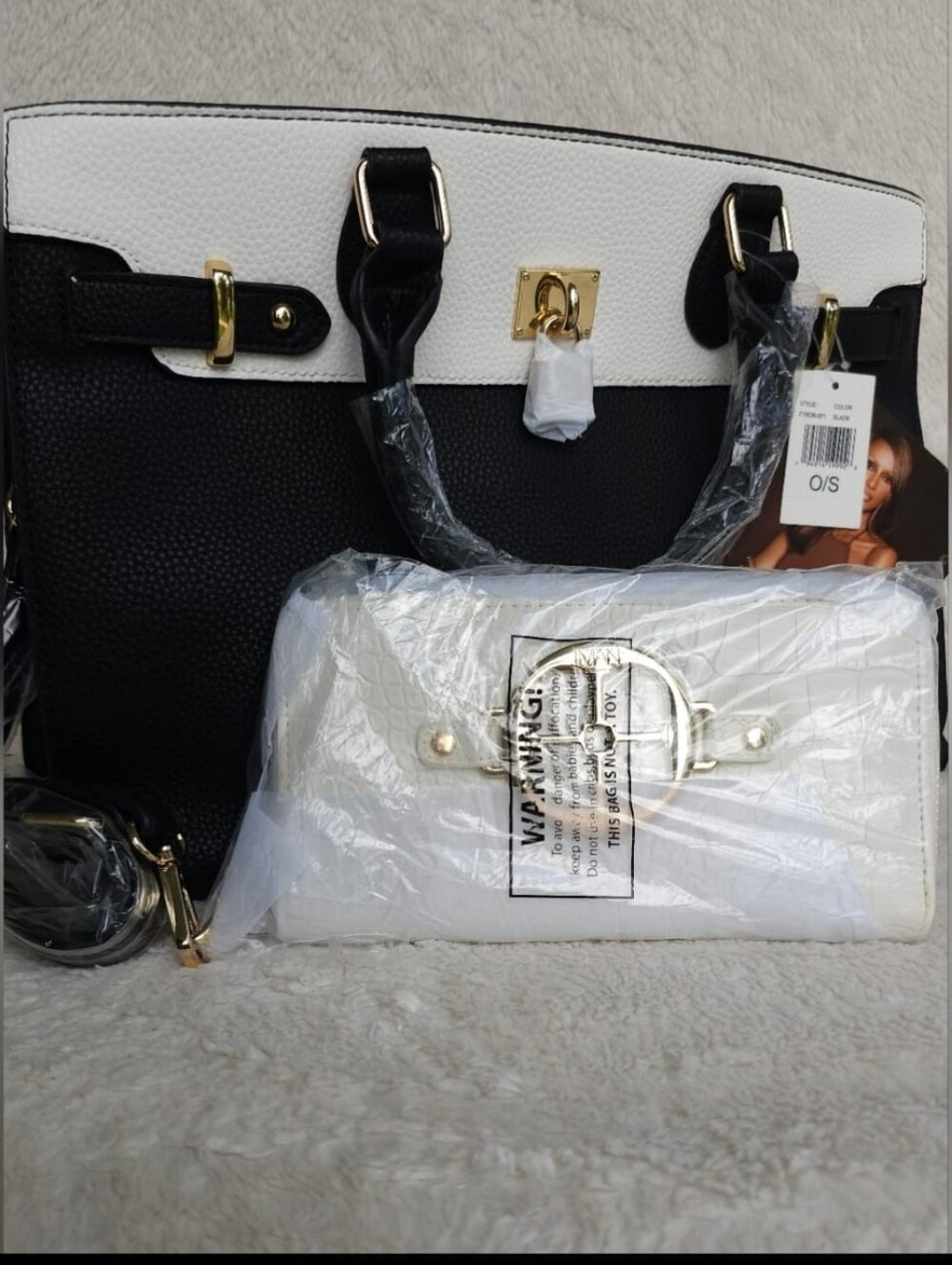 NWT IMAN Global Chic Black & White Colorblock Satchel Tote Handbag Wallet Set